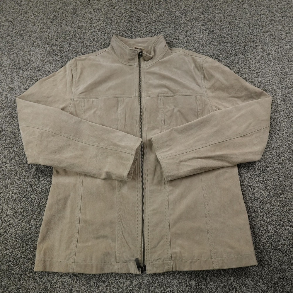 Chicos Jacket Womens M 1‎ Beige Tan Leather Full Zip Moto Biker Motorcycle Coat